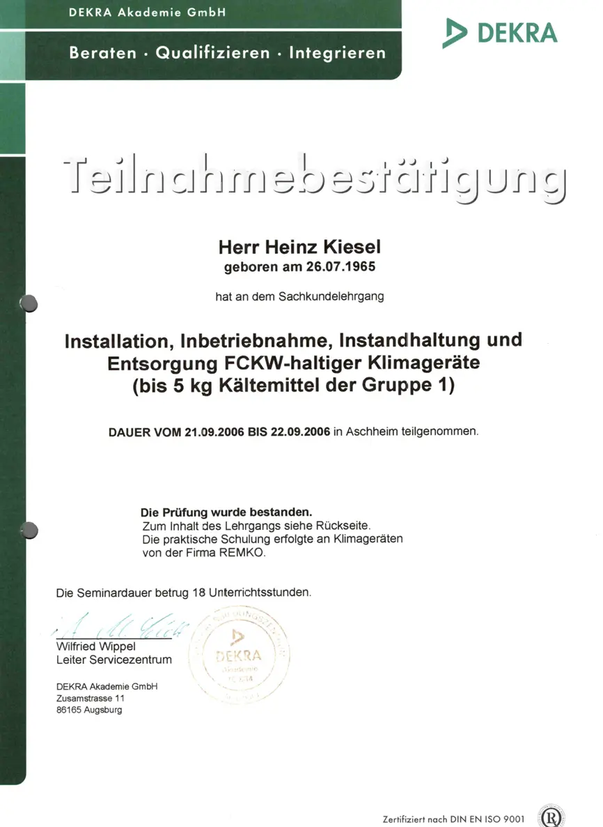 Zertifikat 19 von Heinz Kiesel und Söhne